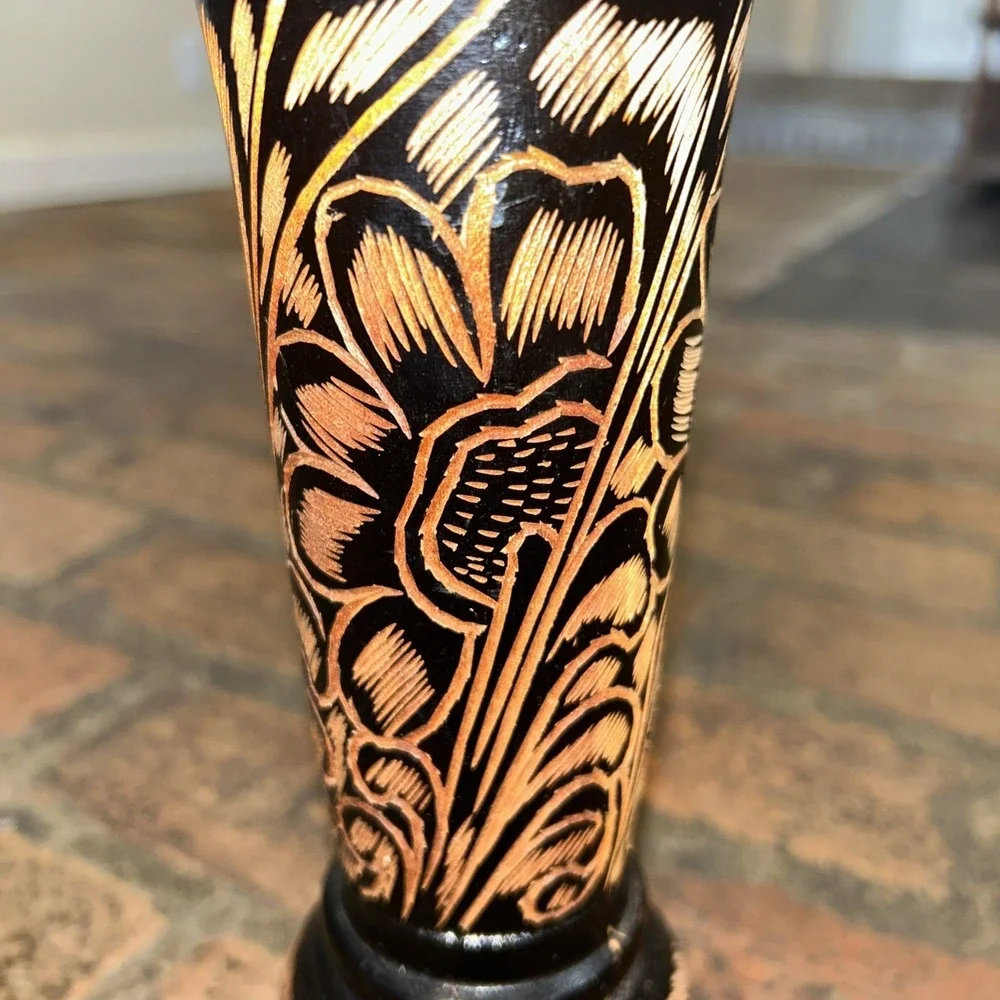 Floral Boho Vintage Tall Hand Carved Solid Red Tint Wood Vase Pedestal‎ 10